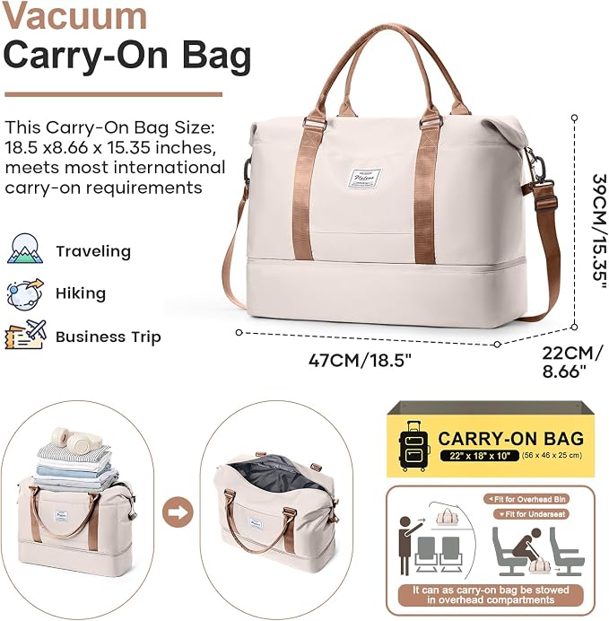 Weekender Bags for Women, Personal Item Travel Bag with Shoes Compartment | Vacuum Overnight Travel Duffel Bag with Air Pump & Compression Pocket - Image 2