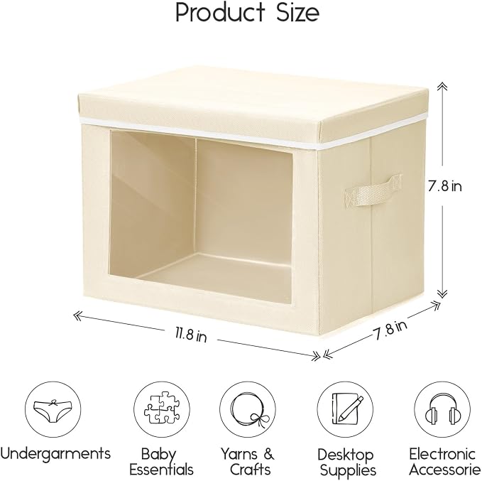 Storage Bins with Lids - Small Fabric Organizers with Window, Collapsible Storage Bins for Clothes, Decorative Closet Organizers for Towels, Tshirt, 4 Pack, Beige - Image 2