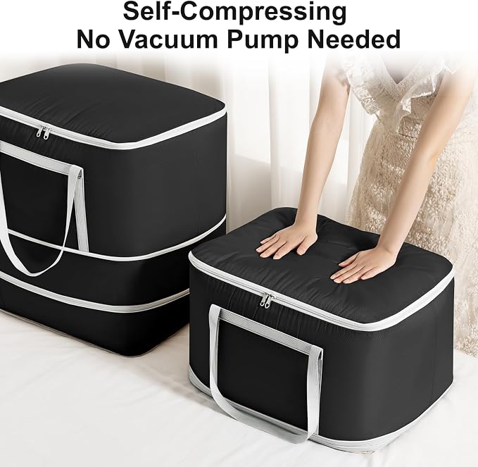 Comforter Storage Bag - 120L Bedding Storage Bags for Moving Closet, Washable Blanket Storage Bag, Ultra Space Saving Self Compression Organizer, 4-Pack, Black - Image 3