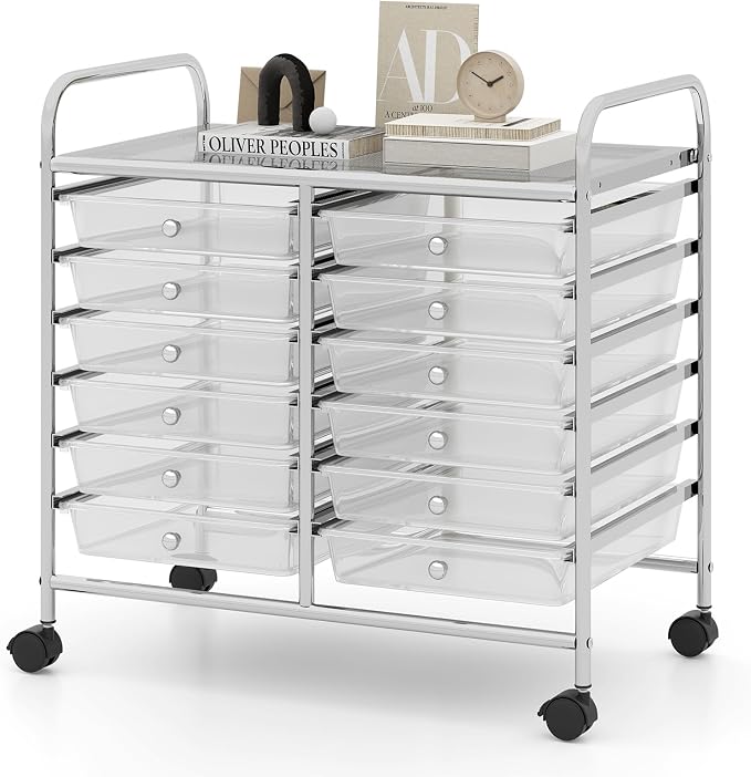 RELAX4LIFE 12-Drawer Rolling Storage Cart - Mobile Utility Cart on Wheels for School Classroom Teacher Office Salon, Paper File Art Supply Craft Organizer, Rolling Cart with Drawers (Clear) by RELAX4LIFE