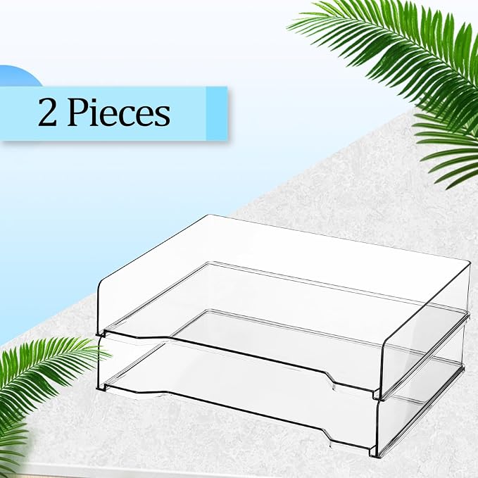 DoubleFill 2 Pcs Stackable Letter Tray Plastic Paper Tray, Clear | 13 x 9.5 x 2.6 In, Rectangular, Paper Holder, File Tray for Desktop Office Desk Drawers - Image 3
