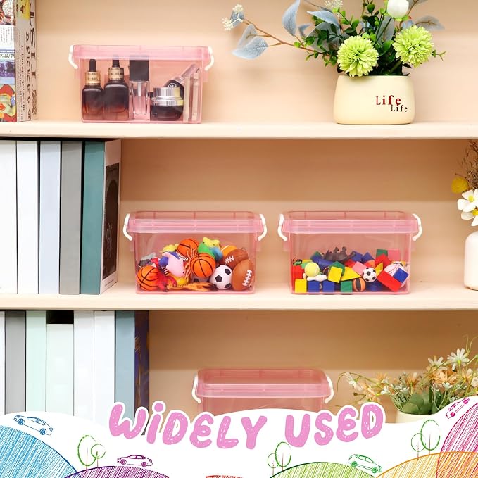 6 Pack Colorful Plastic Storage Bins with Lids 4 Quart Small Storage Latch Box Stackable and Nestable Clear Organizer Bins with Latching Handle and Buckle for Organizing(Pink) - Image 5