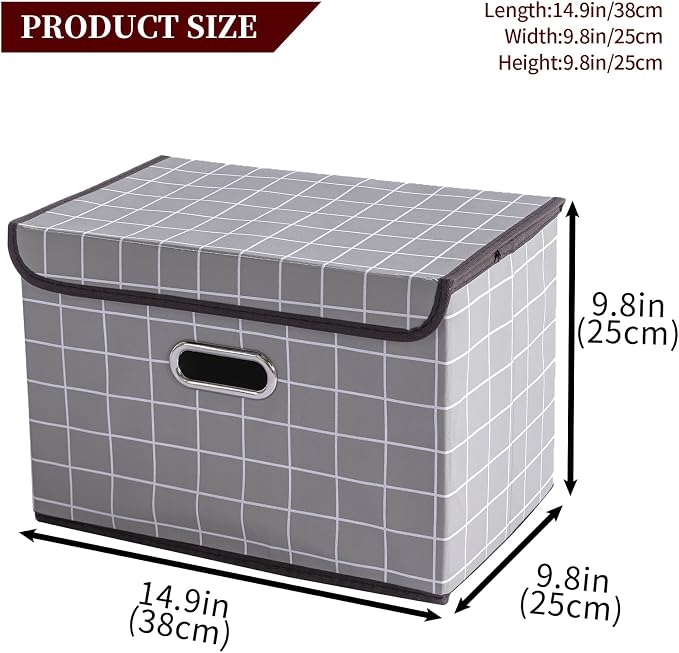 STOREONE Fabric Storage Cube Bins Foldable Organizer Container Collapsible Basket with Lids and Metal Handles, for Home, Bedroom, Closet 3 Pcs (Grey grid) - Image 2
