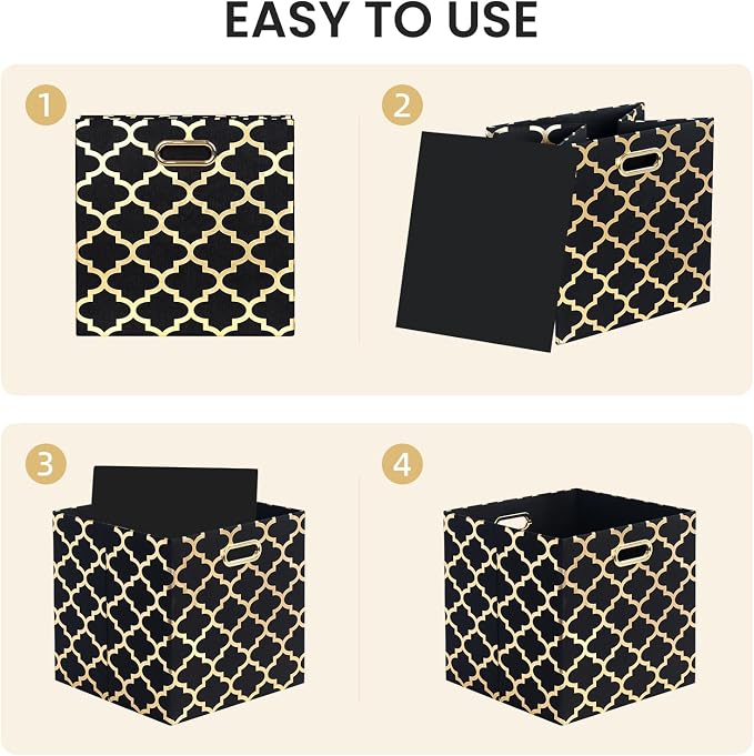 Posprica 11x11x11 Storage Cube Bins, Collapsible Storage Bins Fabric Storage Cubes Organizer Baskets Box Drawers for Shelves, Closet, Wardrobe, Bookshelf, Cabinet (Set of 4, Black/Gold lantern) - Image 4
