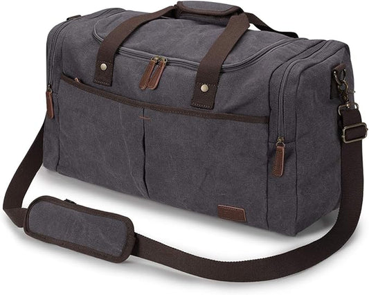 S-ZONE Canvas Duffel Bag for Travel 65L Weekender Overnight Travel Bags with Shoes Compartment for Men | Water-resistant, X-Large Size, Multi-Pockets, Removable Shoulder Strap, for Gym or Travel, Grey by S-ZONE