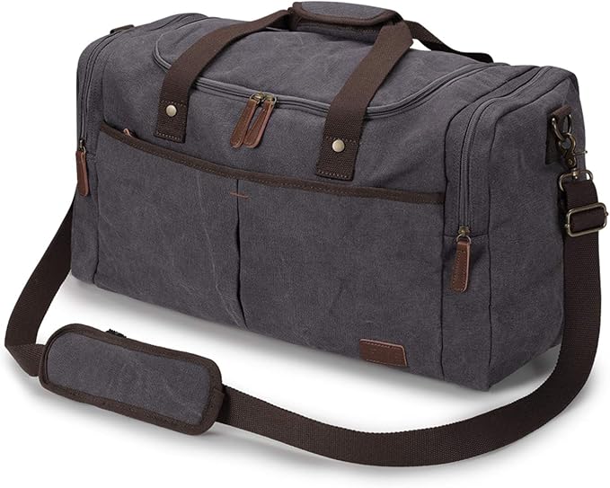 S-ZONE 65L Expandable Canvas Duffle Bag Travel Overnight Holdall Weekend Bag with Shoes Compartment Large Carry On Bag Tote Gym Bag for Men Women, Grey, L | Cotton Canvas, 45L Large Size, Shoes Compartment,Multi-Pocket, Removable Shoulder strap for Gym... by S-ZONE