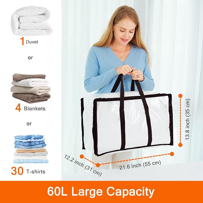 7 Pack Clear Clothes Storage Bags with Zipper 60L | Plastic Storage Bag, Foldable Closet Organizer, For Comforter Blanket Bedding Duvet Toys, Moving Bags - Image 3