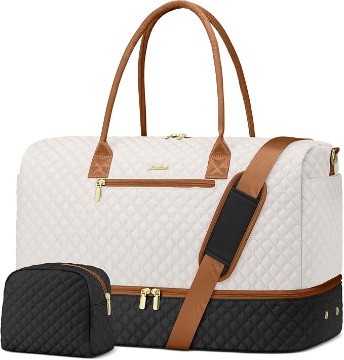Travel Weekender Duffle Bags for Women - Duffel Bag with Shoe Compartment Carry On Overnight Bag with Toiletry Bag with Wet Pocket for Gym Hospital Bags for Labor and Delivery Black White Brown by FOCDOD