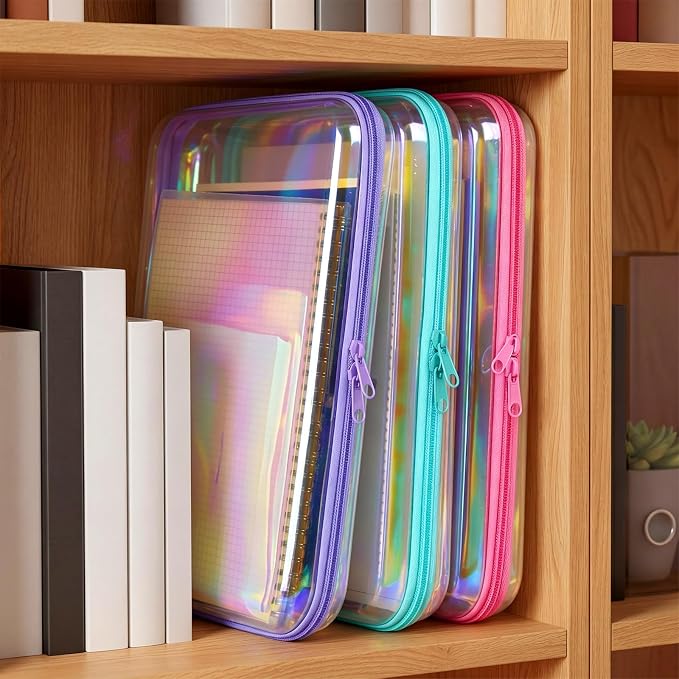 Sanwuta 6 Clear Hard Zipper Case,Holographic,12.6 X 9 X 2 Inch | Pencil Case Pouches ,Makeup Bag,Plastic Toiletry Diaper Bag ,Travel Toy Storage,Waterproof Organizer Bins - Image 5