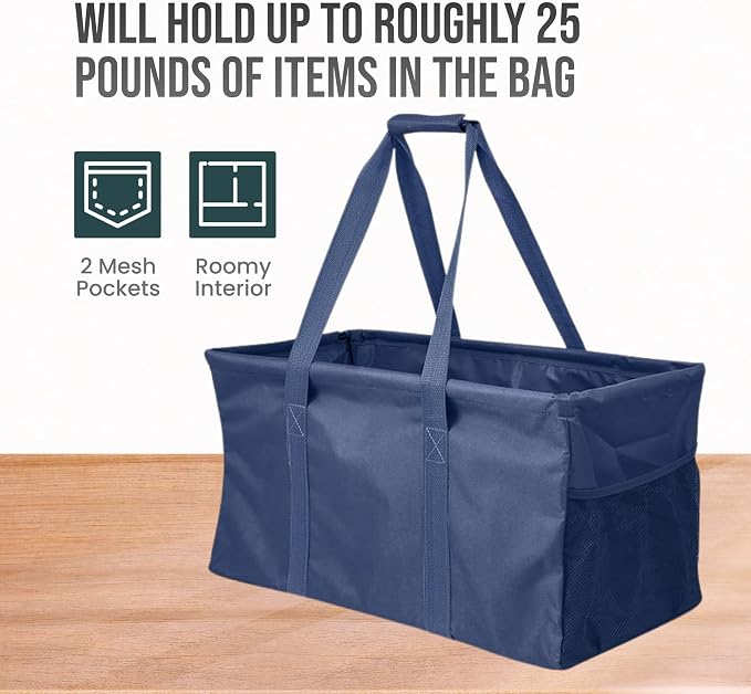Extra Large Utility Tote Bag - Oversized Collapsible Reusable Wire Frame Rectangular Canvas Basket With Two Exterior Pockets For Beach, Pool, Laundry, Car Trunk, Storage - Navy Blue - Image 5