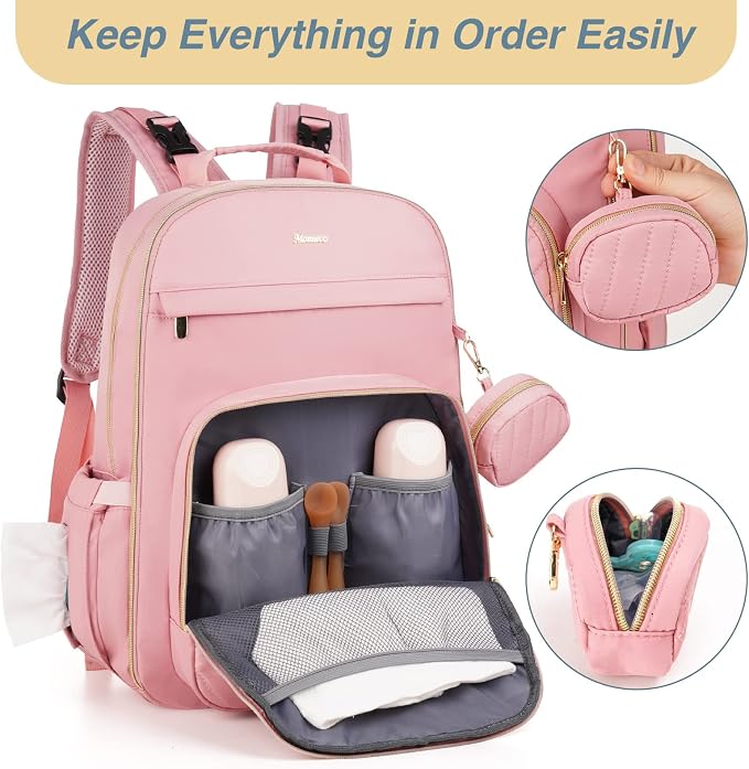 Diaper Bag Backpack, Quilted Baby Bag with Changing Pad & Stroller Straps & Pacifier Case, Large Travel Diaper Bags for Mom Dad, Pink - Image 3