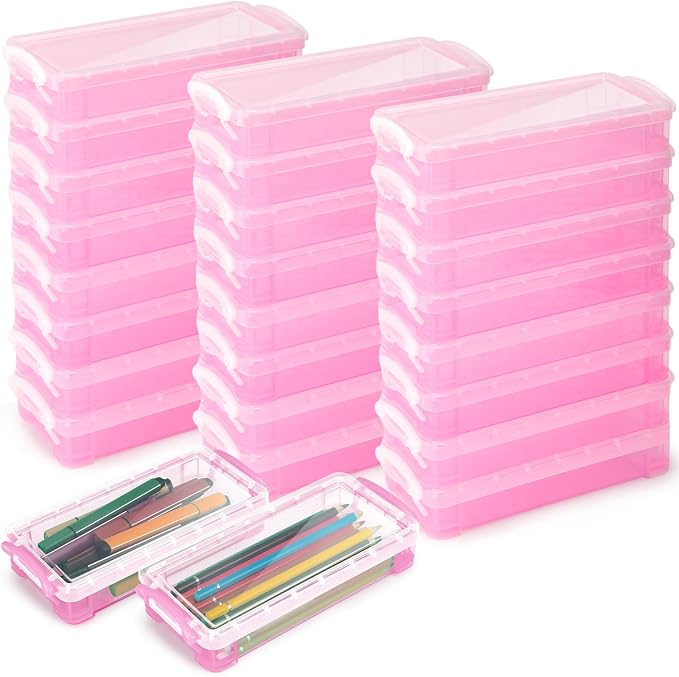 Gueevin 24 Pcs Large Capacity Plastic Pencil Box Clear Plastic Pencil Case Crayon Box with Snap Tight Lid Watercolor Pen Storage Brush Organizer Drawing Tools Container (Light Pink) by Gueevin