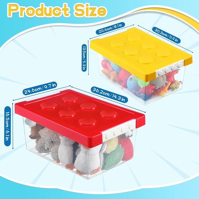 4 Pack Toy Storage Containers with Lids Brick Shaped Kids Toy Organizer Box Plastic Clear Stackable Bin Chest for Building Block Dolls(Large, Small,Red, Yellow, Blue, Green) - Image 2