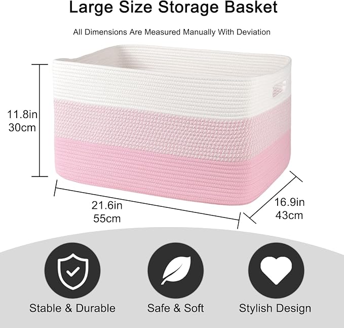 OIAHOMY Blanket Basket Laundry Basket Dog Toy Basket 75L Pink/White | Large Storage Basket,Baby Basket,Toy Storage,Woven Rope Basket for Blankets,Blanket Storage for Living Room - Image 3