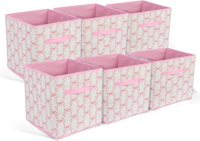 6 Pcs Pink Bow Cube Storage Bins 12.5 Inch Storage Basket with Handle, Cute Girls Organizer Basket, Collapsible Fabric Box for Classroom Bedrooms Office Home Decoration (Bow) - Image 7
