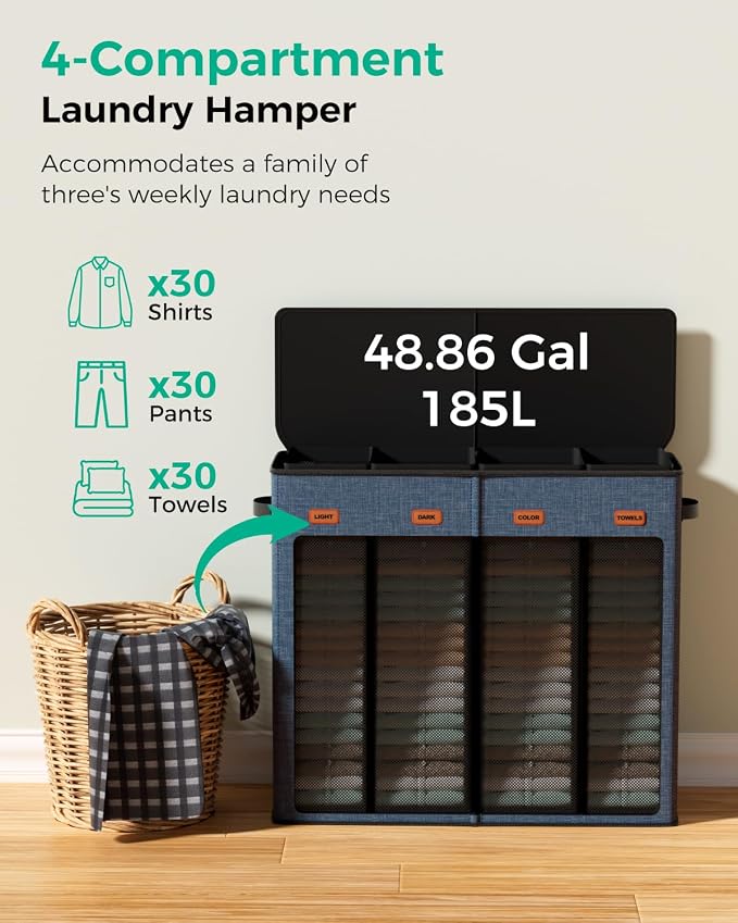 185L Laundry Hamper 4 Section with Lid & Removable Bags | Collapsible laundry basket organizer for laundry room, bedroom & dorm with 5 removable washing bags - Image 4