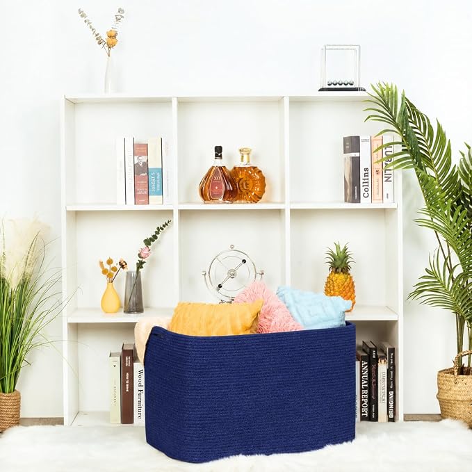 112L Extra Large Blanket Basket Holder Living Room, 25"x17"x16" Rectangle Rope Woven Storage Basket with Handles for Laundry, Towels, Shoes, Dog Toy Organizer Bin Box, Full Navy - Image 6