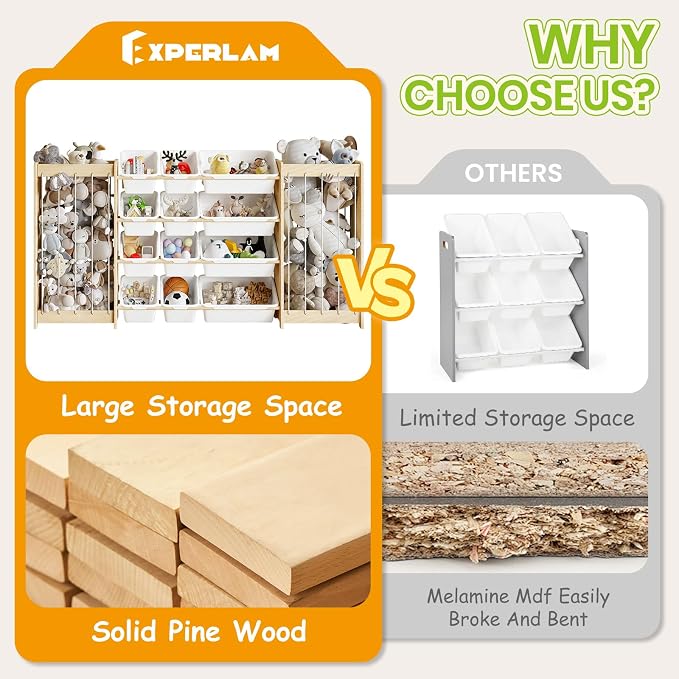EXPERLAM Large Toy Storage Organizer, Wooden Stuffed Animal Storage & 12-Bins Toy Organizer, Double-Sided Plush Toy Holder Featuring Thicker Ropes, Space Save Playroom Nursery Bedroom Storage, White - Image 5