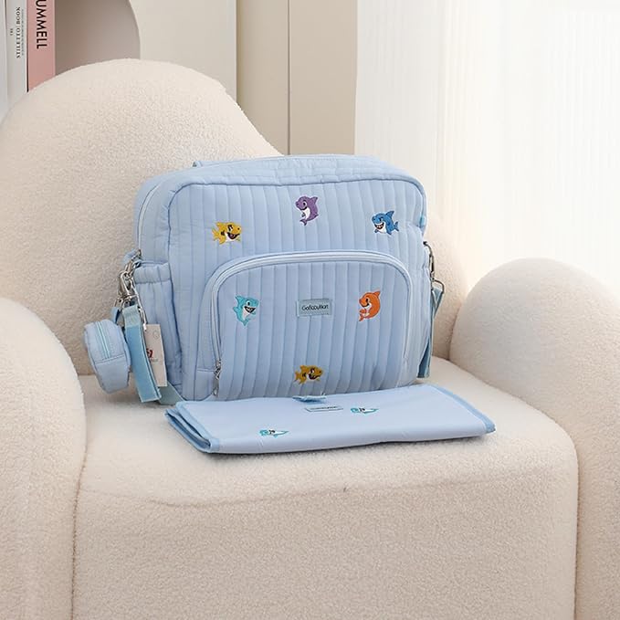 Diaper Bag Backpack with Changing Pad - Travel Baby Bag, Insulated Bottle Pockets, Stroller Straps (Medium - Blue Sharks) - Image 5