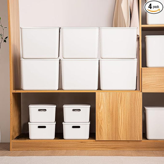 10 pack large plastic Laundry Basket/Hamper with lids and handle，White storage bins Baskets，Organizer Containers for Closet Dorm，Clothes Laundry Room Bedroom, Shelves，home (White, 6XL+4S) by Gaoaodeyu