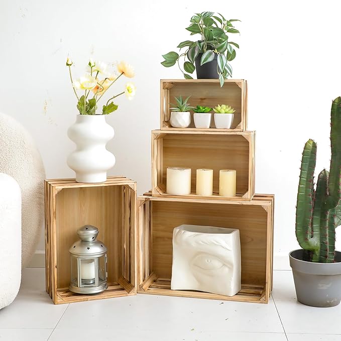 Large Torched Wood Storage Crates Decorative, Set of 4 Nesting Wooden Crates for Display Rustic, Farmhouse Wooden Storage Container Boxes Made from 100% Wood - Image 4