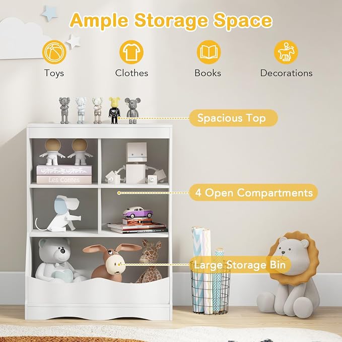 HONEY JOY Kids Toy Storage Organizer with Bookcase, 4-Cubby Organization Storage Cabinet w/Display Shelf, Wooden Toy Storage Unit for Playroom, Nursery Daycare(White) - Image 4