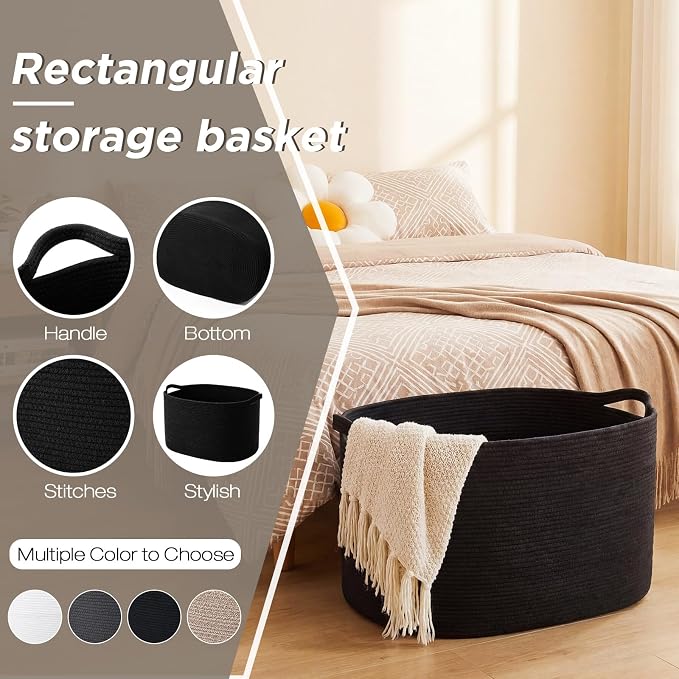 XXXXL 125L Extra Large Woven Blanket Basket, 25" x 18" x 17" Jumbo Cotton Rope Storage Basket with Handles Toy Storage Bins for Laundry Hamper Nursery Organizer Living Room Home(Black) - Image 4