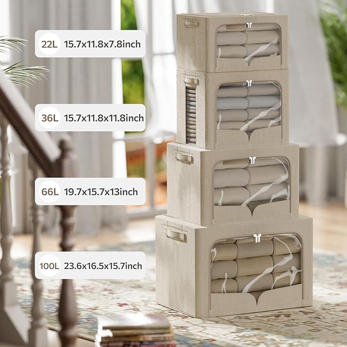 FHSQX 3 Pack Clothes Storage Bins Foldable Metal Frame Storage Box Stackable Linen Fabric Organizer Set with Carrying Handles and Clear Window (Beige, 15.7x11.8x11.8inch(36L)) - Image 4