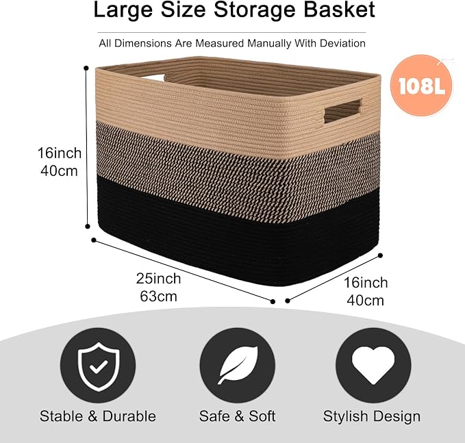 OIAHOMY 108L Extra Large Blanket Basket Dog Toy Basket Yellow and Black | Rectangle Woven Baskets for Storage Cotton Rope Basket For Living Room Toy Storage Blanket Storage Laundry Basket - Image 3