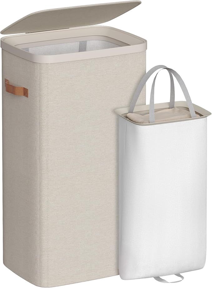 SONGMICS Laundry Basket, 26.4 Gal. Laundry Hamper, Easy Assembly, with Lid and Handles, Removable Liner, 16.5 x 12.6 x 29.5 Inches, Cappuccino Beige ULCB811LH01 by Unknown