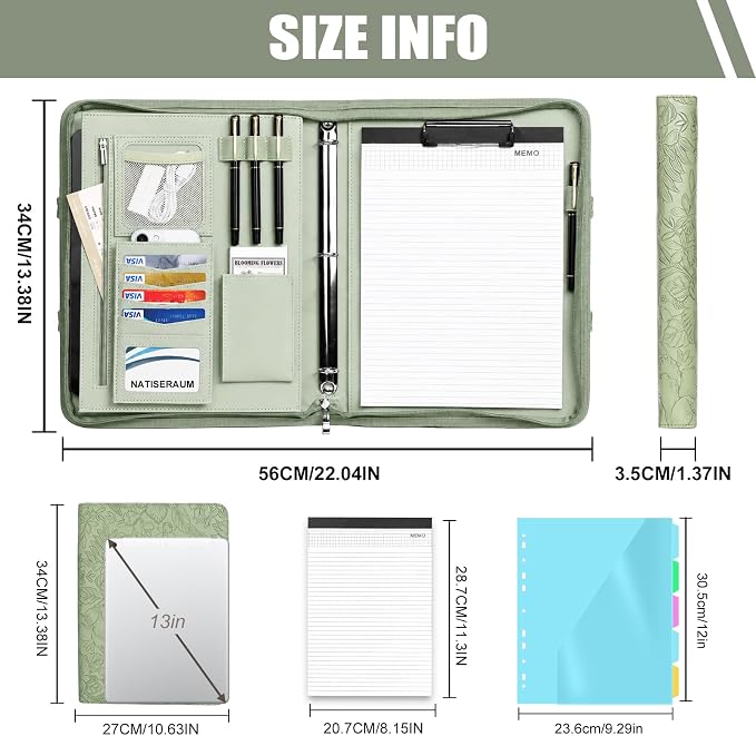 Padfolio, Portfolio Binder 3-Ring, Vegan Leather Portfolio for Students with Notepad Includes 5 Sheet Protectors for Documents Files, 1 Pen and 1 Detachable Shoulder Strap - Image 2