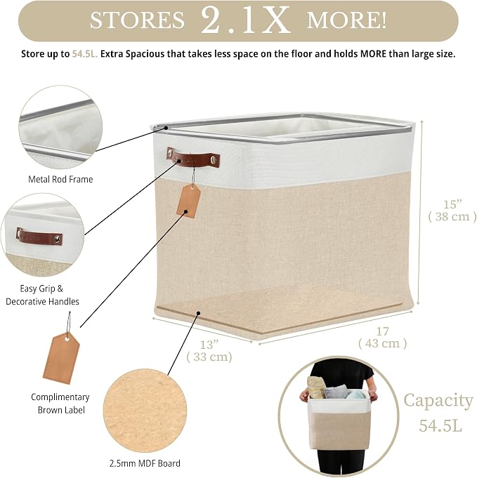 DECOMOMO Extra Large Storage Baskets, 54.5L Fabric Storage Bins 3 Pack | XXXL Storage Baskets for Shelves, Linen Closet Organizers (Beige & White, 17" x 13" x 15") - Image 3
