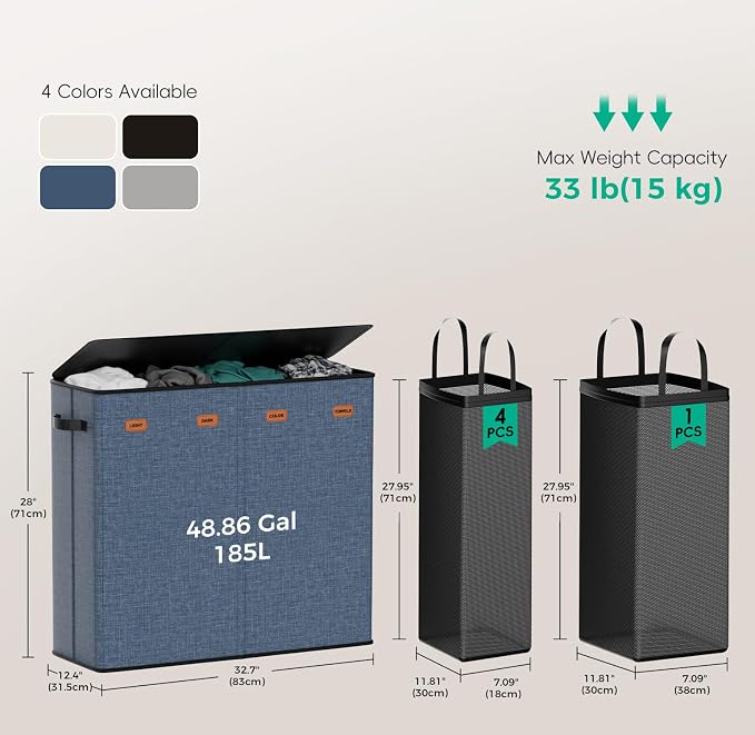 185L Laundry Hamper 4 Section with Lid & Removable Bags | Collapsible laundry basket organizer for laundry room, bedroom & dorm with 5 removable washing bags - Image 5