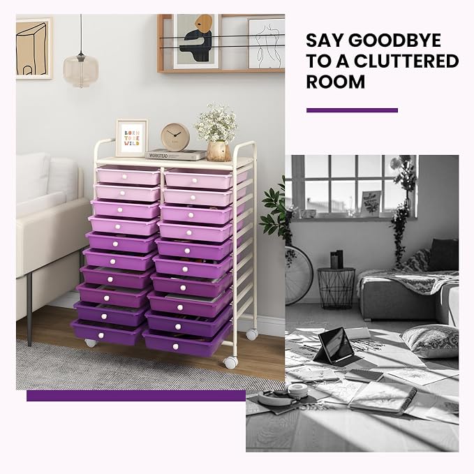 Giantex 20 Drawers Rolling Cart, Mobile Storage Drawer Cart, Classroom Organizer Cart for Office School Supplies Tools Scrapbook Paper Craft Small Printer, Utility Cart on Wheels, Gradient Purple - Image 7
