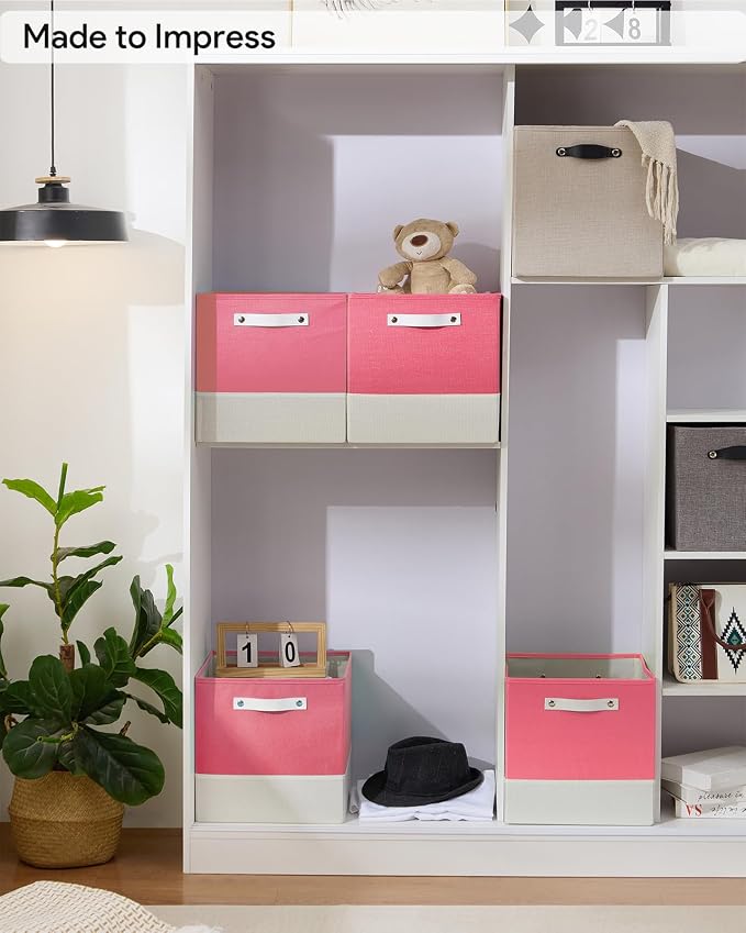 Cube Storage Bins | 13"x15"x13", Pink & White, 4 Pack | Multi-Size | 2X Thick Support Board | Vegan Leather Handles | 7.7 oz/yd² Fabric | Drawer Insert Basket Fits KALLAX - Image 4