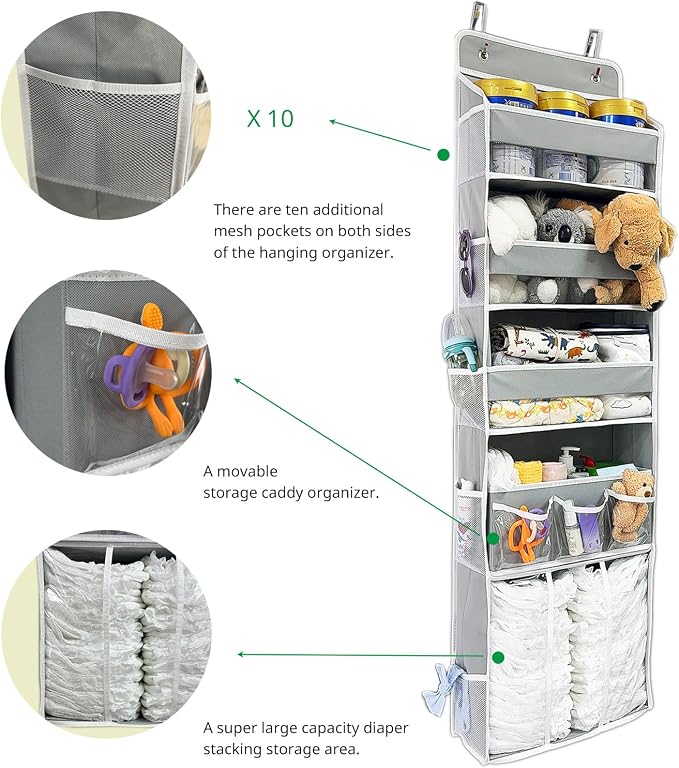 Door Hanging Storage Organizer,with 3 Bins 1 Movable Baby Diaper Caddy,1 Large capacity diaper stacking storage Organizer,10 Side Pockets ,Bedroom Door Storage for Nursery Baby Essentials.Grey 1 Pack. - Image 3