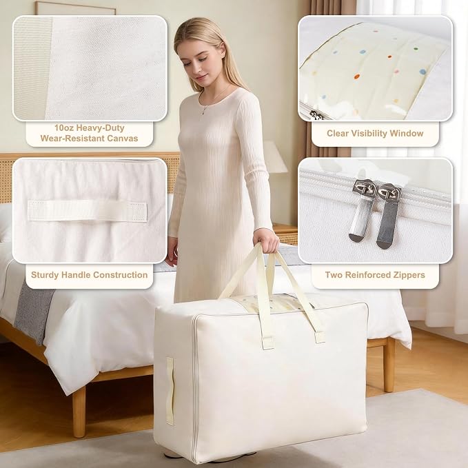 Soft Large Canvas Storage Bags with Zipper. Thick Breathable. Four Carrying Handles and Window. Cotton Linen Storage for Pillows, Quilt, Blankets and Comforter, 80L, Beige - Image 4