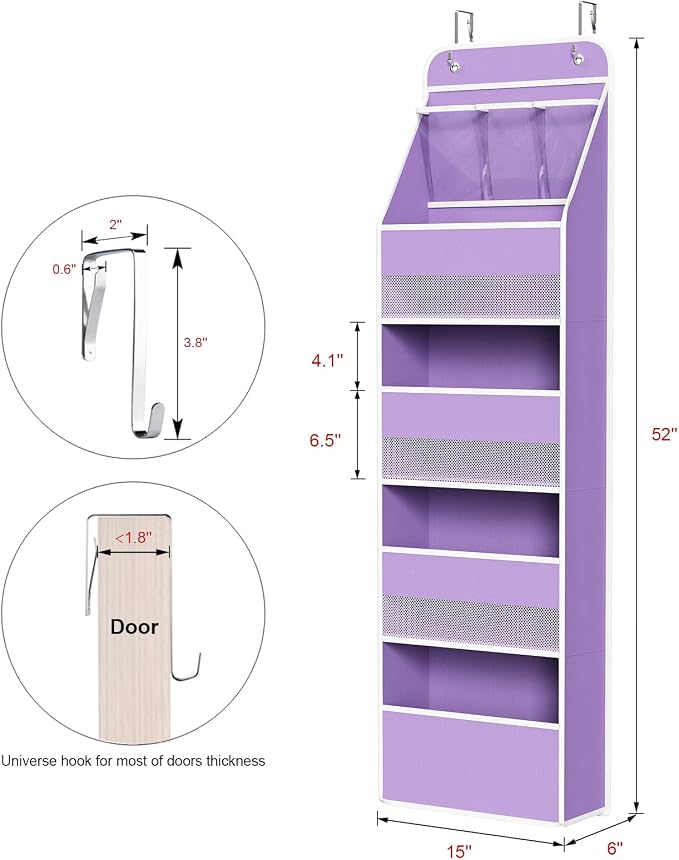 Univivi Fabric Over the Door Organizer for Baby Nursery, Purple, 5-Shelf | Door Storage with Large Capacity Breathable Mesh Pockets, Over Door Hanging Organizer for Baby Essential, Bedroom, and Dorm - Image 3