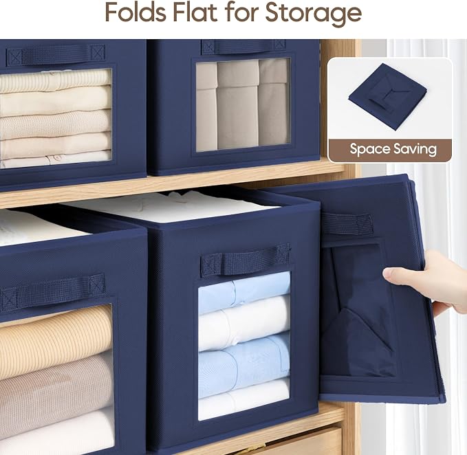 Storage Cube 11 Inch - Cube Storage Bins with Window, Closet Storage Baskets with Handle, Fabric Bins for Closet, Shelves, Toys, Clothes, Set of 16, Navy Blue - Image 8