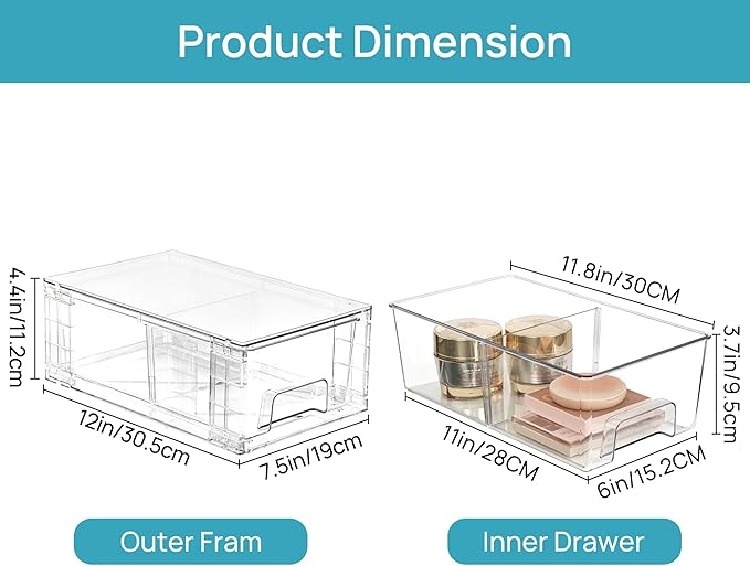 Vtopmart 4 Pack Stackable Clear Drawer with Dividers | Easy Assembly, Stackable Storage, Removable Dividers, Non-Slip Design, For Fridge, Under Sink, Pantry & Bathroom - Image 3