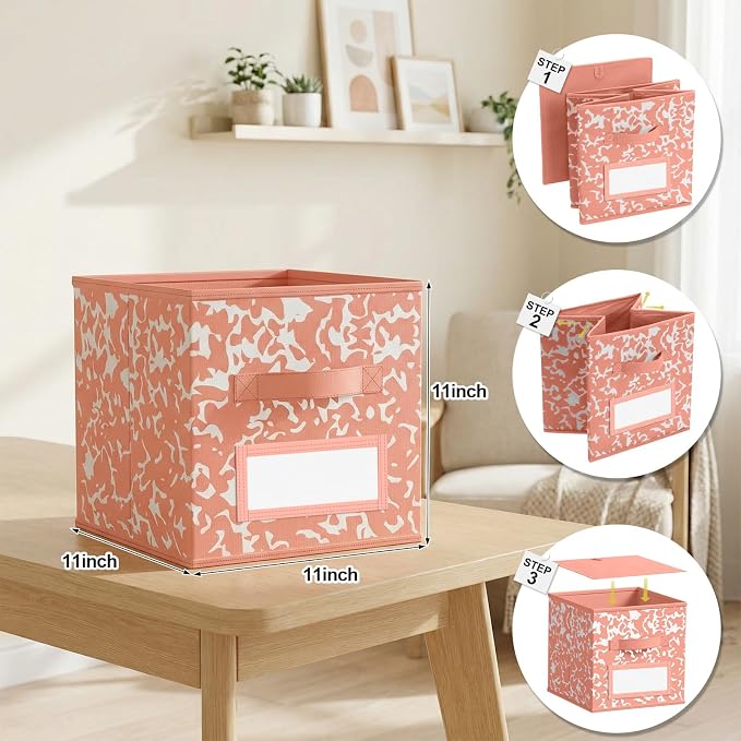 LemonRoad 6 Fabric Storage Cube 11 Inch Foldable Marble Storage Bin with Label for Organizing Pantry, Toy Box, Clothes Closet Collapsible Basket for School Organizing with Handle(Macaron, Label) - Image 2