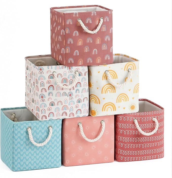 6 Pack 13x13 Inch Cube Storage Bins Fabric Square Cube Basket, Boho Rainbow | Boho Rainbow Foldable Fabric Organizer with Handles, Home Closet Bin for Shelves, Durable Cube Baskets Bulk for Home Storage by Geiserailie