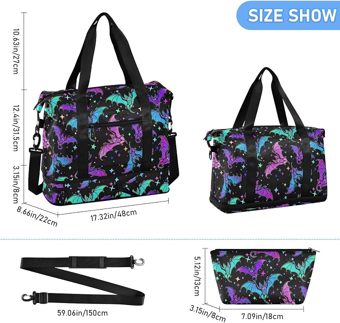 Travel Duffel Tote Bag Halloween Luminous Bats Sports Duffel Bag with Wet Pocket Weekender Overnight Bag for Women Men Gym Bag, Carry On Bag Hospital Bag for Labor and Delivery - Image 2