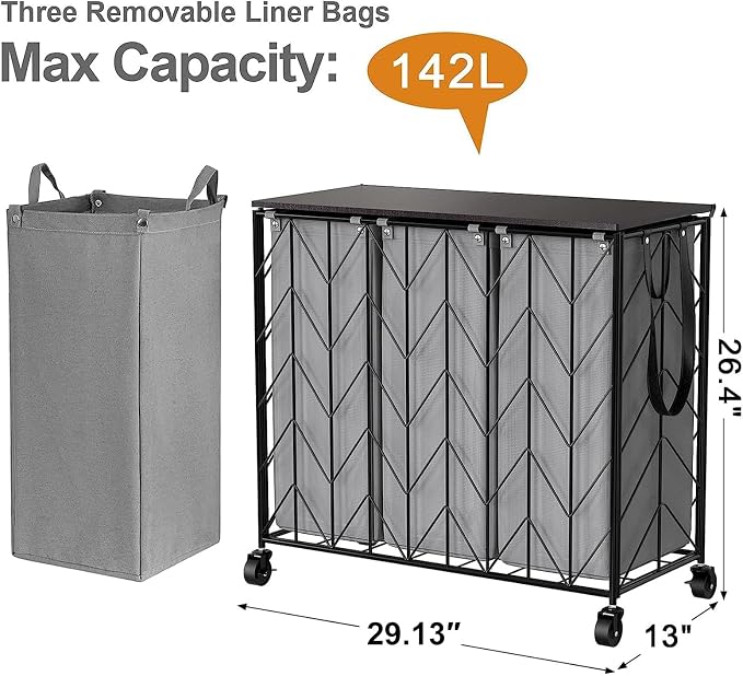 WOWLIVE Laundry Hamper 3 Section with Lid, 142L Laundry Basket with Wheels | Rolling Dirty Clothes Hamper with Removable Bags, Large Iron-Made Laundry Basket Organizer Laundry Sorter for Dorm, Grey - Image 4