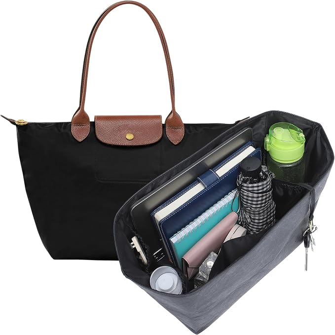 Purse Organizer Insert for Longchamp Le Pliage Large, Black | 6-Compartment Bag Organizer with YKK Zipper Pocket, Cup Holder, Key Chain, Waterproof DupontPaper Lightweight Handbag Shaper by Doxo