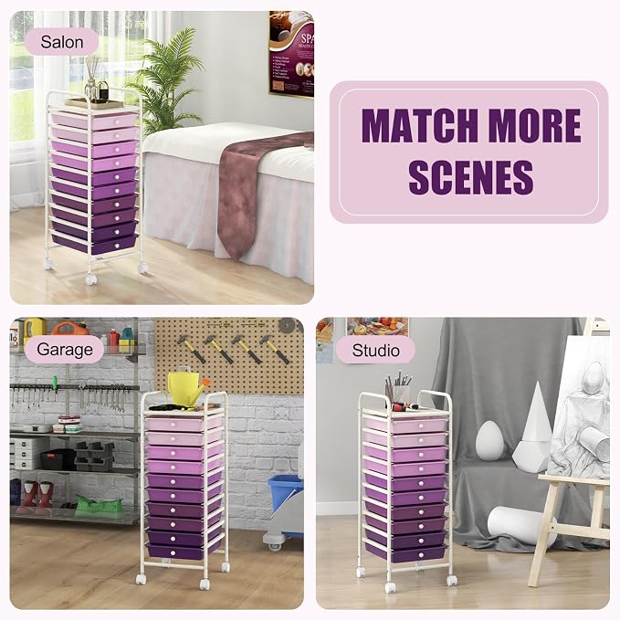 GOFLAME 10-Drawer Rolling Storage Drawer Cart, Utility Cart with Removable Drawers & Metal Frame, Mobile Art Craft Drawer Cart with Lockable Wheels for Home, Office, Studio, School, Purple Gradient - Image 8