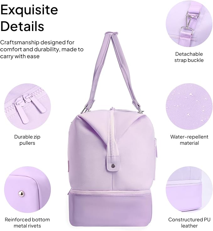Travel Duffle Bag for Women, 40L Weekender Bags Airline Approved Carry On with Shoe Compartment & Waterproof Wet Pocket, Durable Nylon Weekender Overnight Bag for Travel, Gym, Business Trip, Purple - Image 6