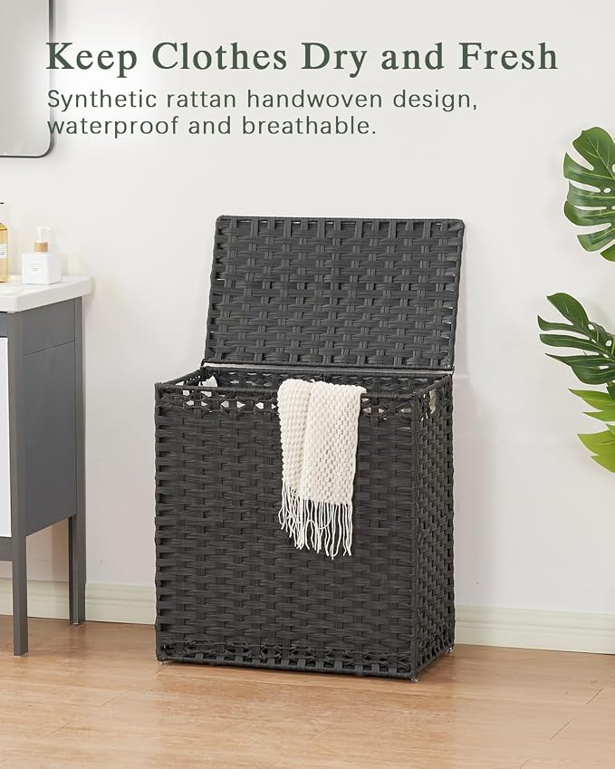 SETVSON Laundry Hamper with Lid Wicker Laundry Basket 112L, Black | Decorative PE Rattan Furniture Look for Bedroom, Large Sorting Hamper with Lid, 3 Liners, 6 Mesh Bags, Steel Frame - Image 2