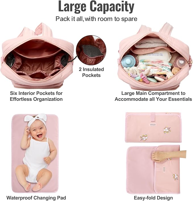 Diaper Bag Backpack with Changing Pad - Travel Baby Bag, Insulated Bottle Pockets, Stroller Straps (Medium - Pink Unicorns) - Image 4