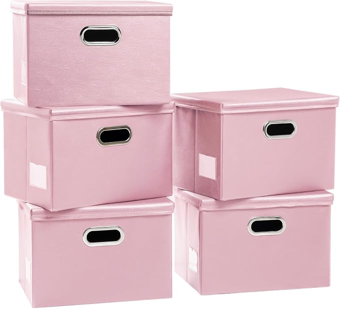 Foldable Storage Bins with Lids [5-Pack] Leather Fabric Collapsible Storage Boxes Organizer Containers Baskets Cube with Cover for Bedroom Closet Office Nursery Pink (14.9x10.8x10) by Prandom